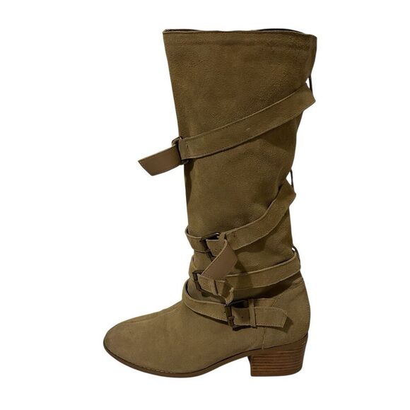Twiggy London Women's Riding Boots Sz 7.5 Tan Suede Cowgirl Stacked Heel Strappy - Picture 2 of 16